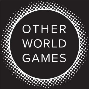 The otherworld games logo. A black background with the text "Otherworld Games" displayed over a minimalist eclipse made with a halftone.